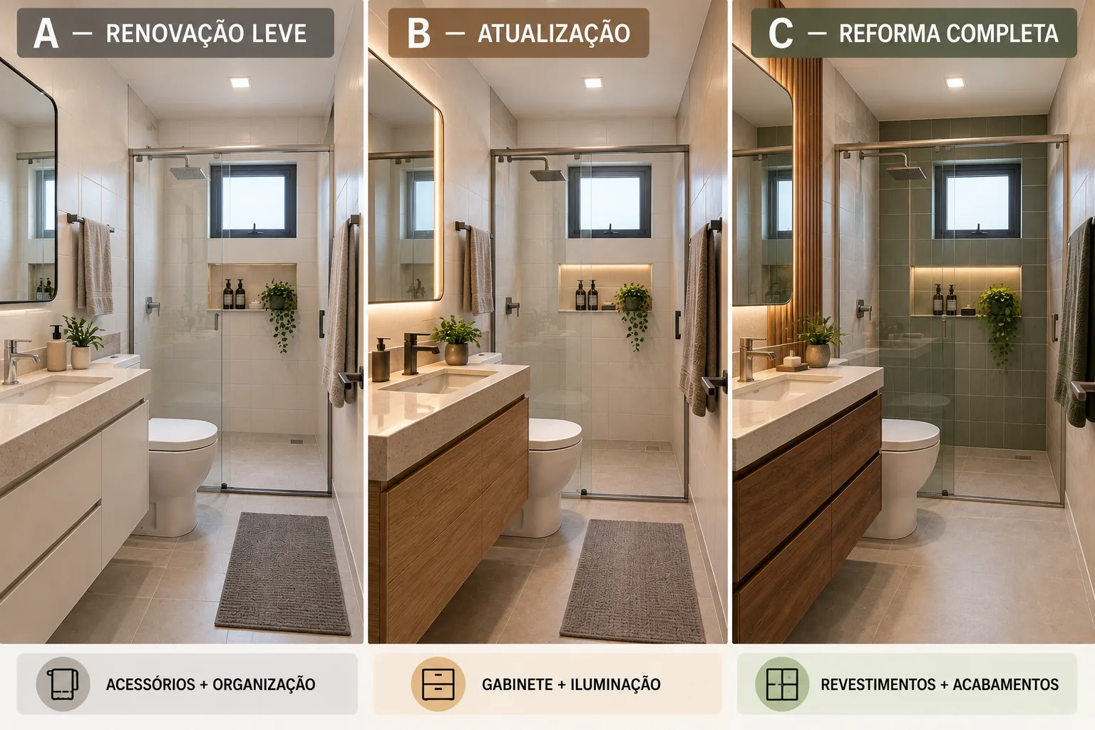 Comparação de três níveis de renovação de banheiro masculino, desde troca de acessórios até reforma com novos revestimentos