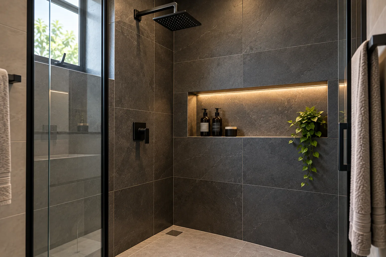 Detalhe de box de banheiro masculino com revestimento grafite fosco, nicho embutido, chuveiro preto e piso cinza-claro