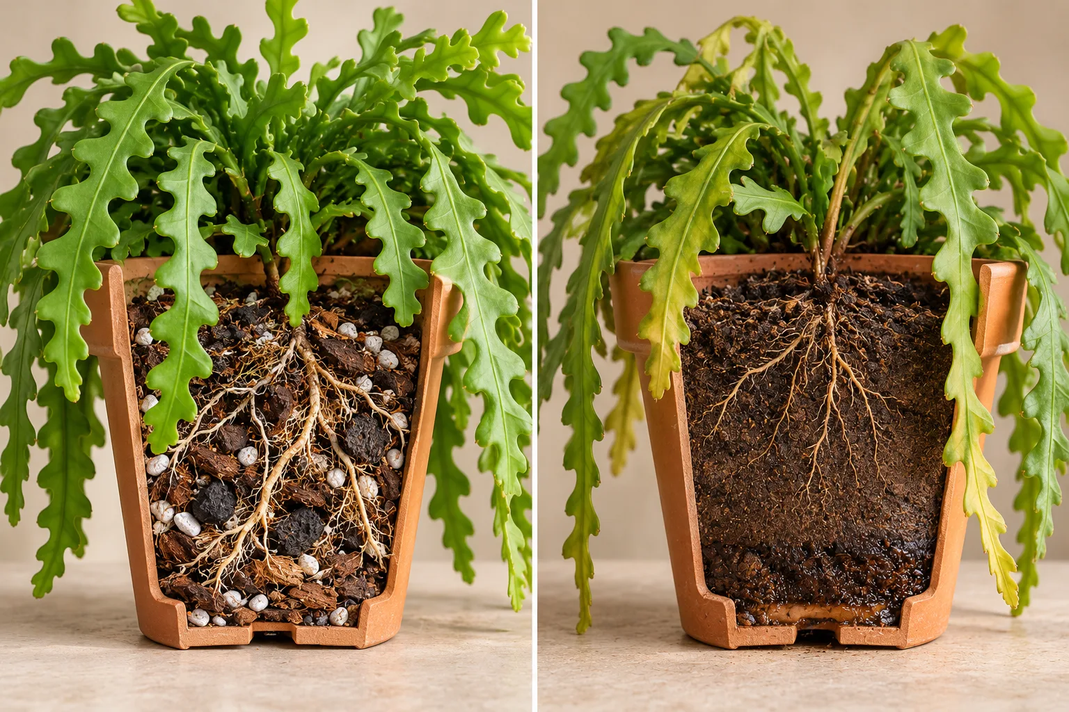 Comparação de substrato arejado com casca de pinus e perlita e solo compactado em vasos de cacto espinha-de-peixe.