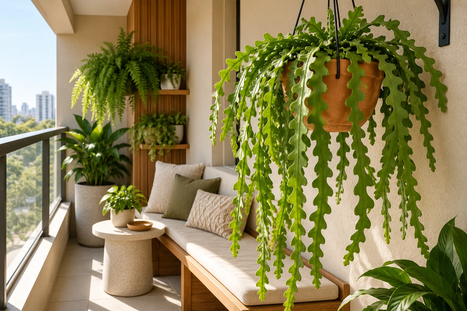 Cacto espinha-de-peixe em vaso suspenso de cerâmica numa varanda coberta de apartamento brasileiro, com luz indireta e decoração natural.