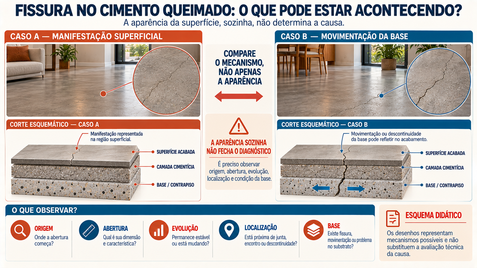 Piso de Cimento Queimado: Vantagens, Desvantagens e Como Fazer 4 Comparação técnica entre fissura superficial e abertura relacionada à movimentação da base em piso cimentício