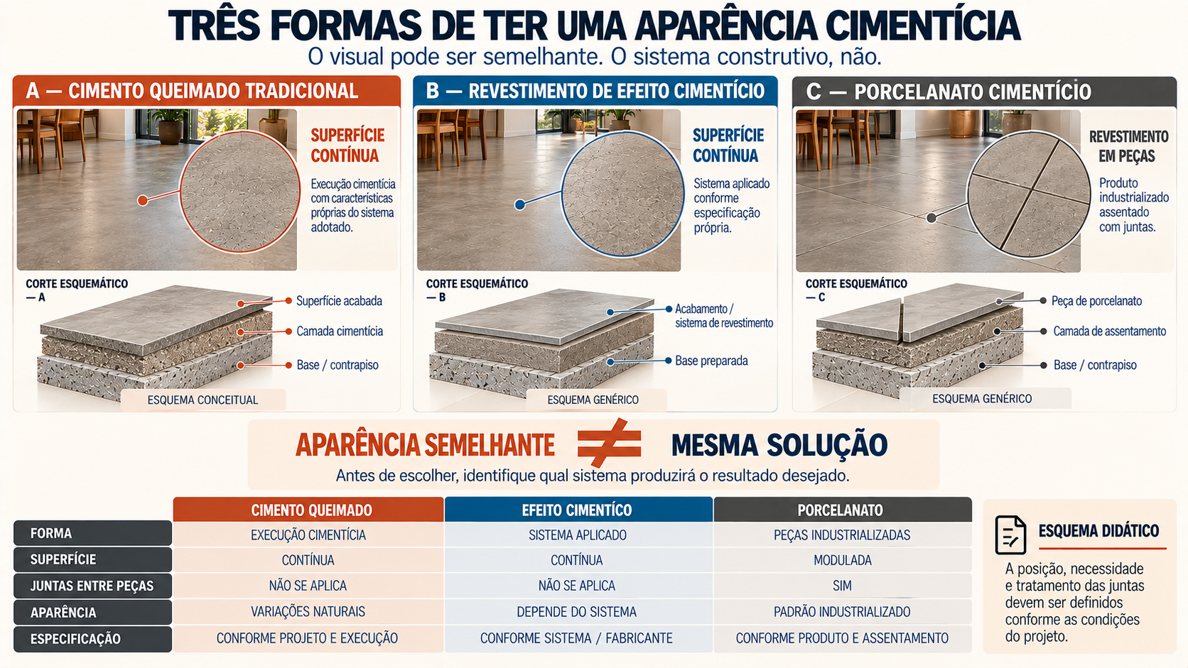 Piso de Cimento Queimado: Vantagens, Desvantagens e Como Fazer 6 Comparação entre cimento queimado tradicional, revestimento de efeito cimentício e porcelanato cimentício