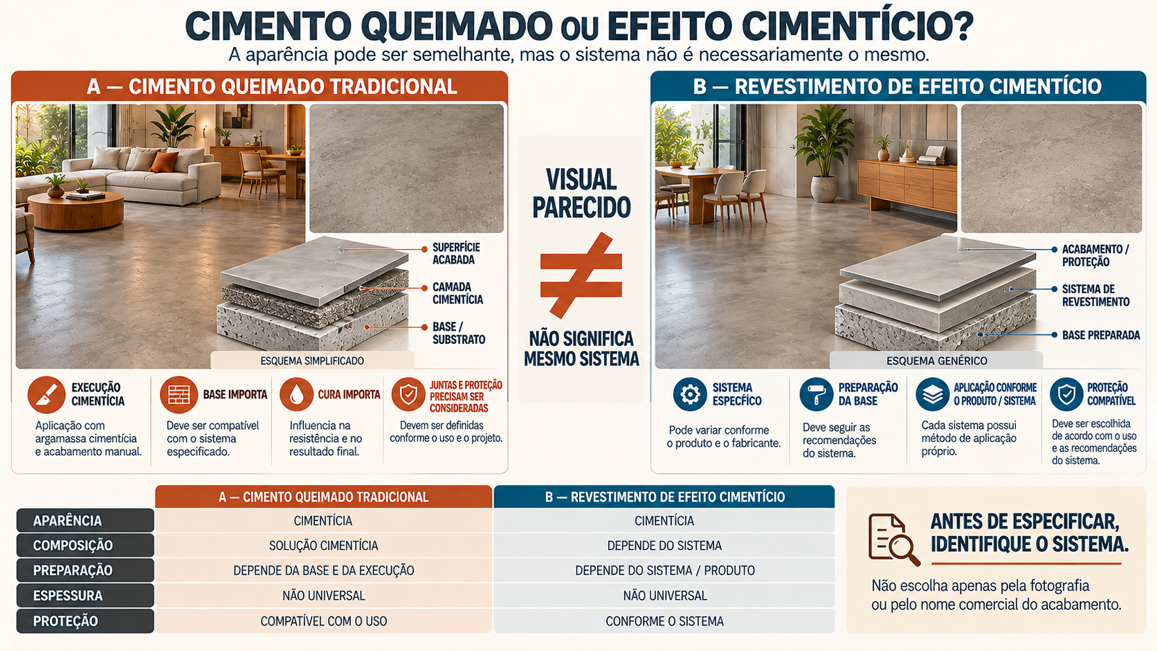Piso de Cimento Queimado: Vantagens, Desvantagens e Como Fazer 2 Comparação entre piso de cimento queimado tradicional e revestimento de efeito cimentício