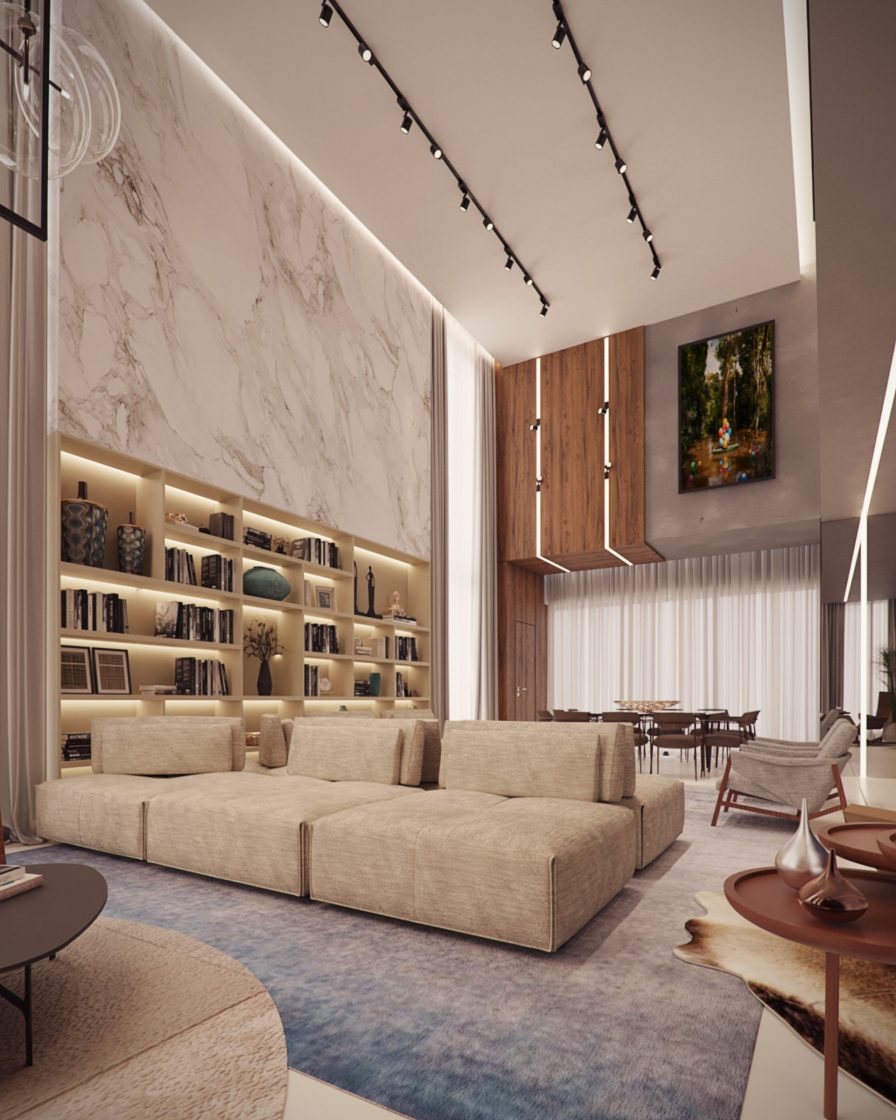 Como Definir Estilo de Decoração em Projetos de Interiores 7 Sala com sofá bege e pé direito duplo.