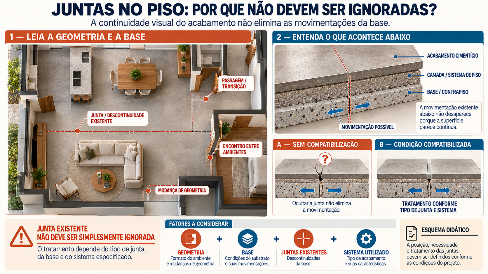 Piso de Cimento Queimado: Vantagens, Desvantagens e Como Fazer 5 Esquema técnico de juntas e movimentações da base em piso de cimento queimado