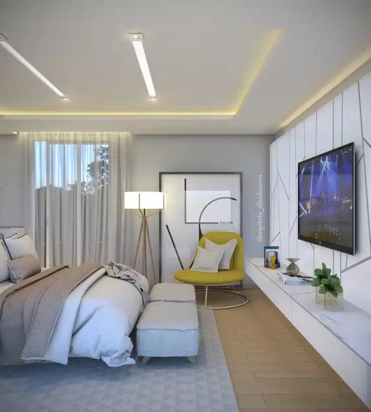 Painéis para Quarto: 10 Inspirações para Escolher a Peça Perfeita 9 Painel grande ocupa toda a parede com um design estilizado.