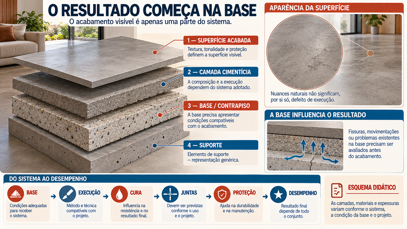 Piso de Cimento Queimado: Vantagens, Desvantagens e Como Fazer 3 Corte técnico esquemático mostrando acabamento, camada cimentícia, contrapiso e base de piso de cimento queimado