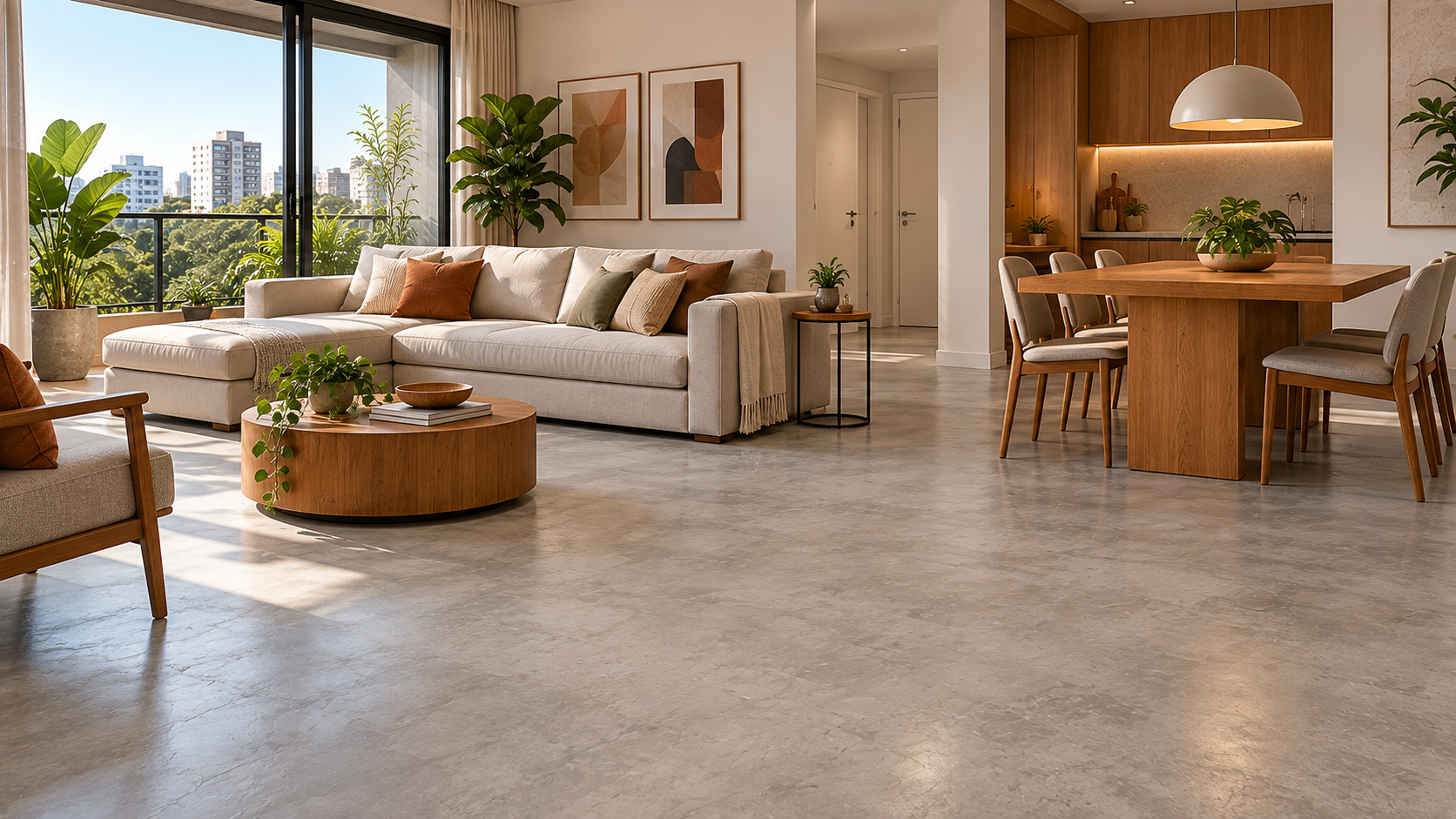 Piso de Cimento Queimado: Vantagens, Desvantagens e Como Fazer 9 Sala clara com piso de cimento queimado cinza-claro e móveis de madeira