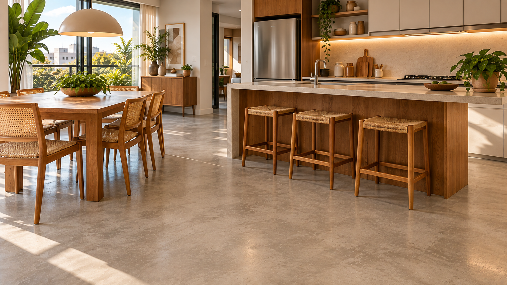 Piso de Cimento Queimado: Vantagens, Desvantagens e Como Fazer 10 Ambiente integrado com piso de cimento queimado greige em tonalidade bege acinzentada