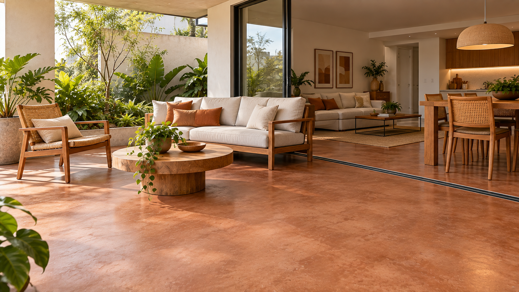 Piso de Cimento Queimado: Vantagens, Desvantagens e Como Fazer 13 Varanda residencial com piso de cimento queimado terracota