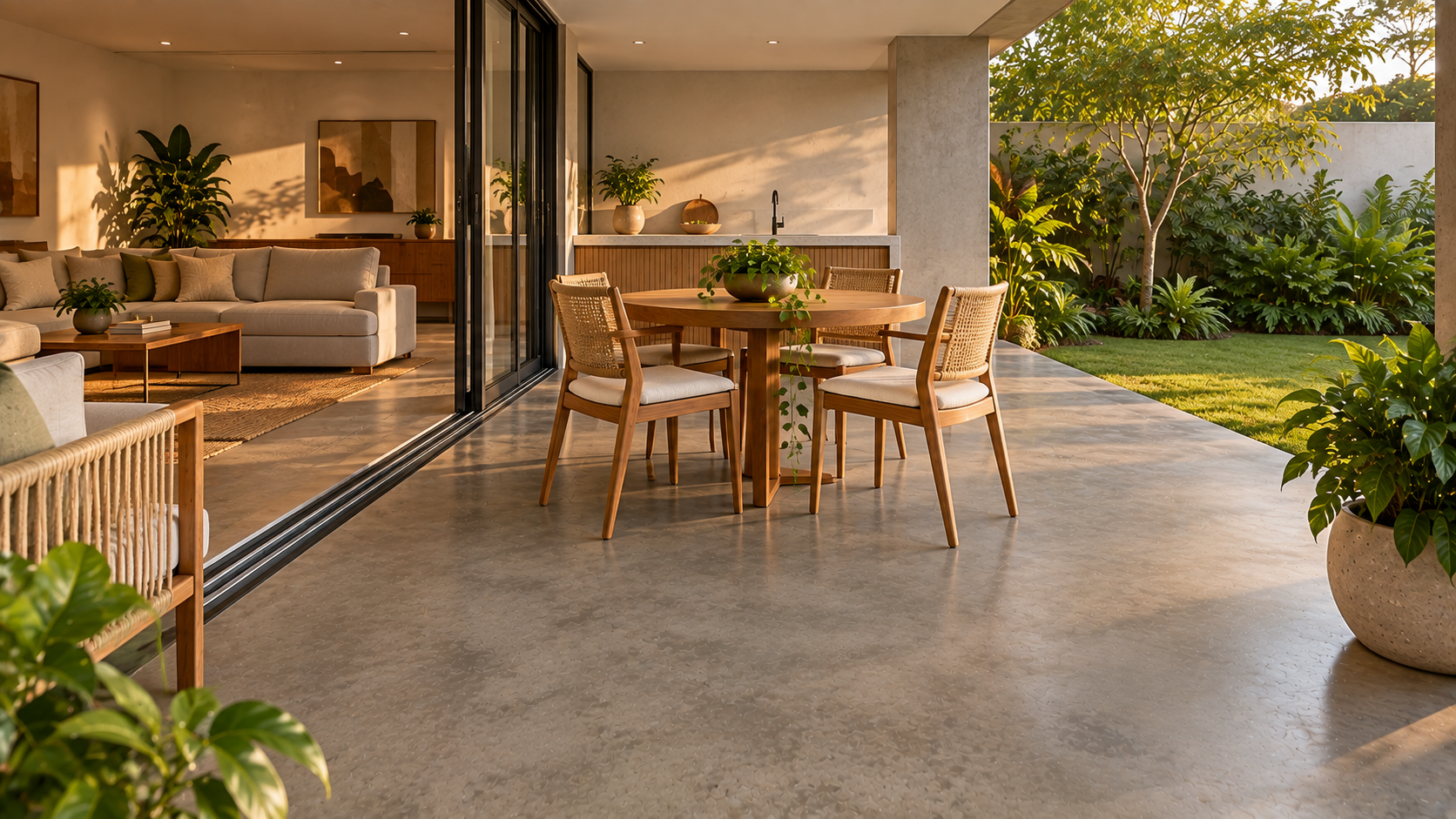 Piso de Cimento Queimado: Vantagens, Desvantagens e Como Fazer 15 Varanda coberta com piso cimentício cinza integrado à sala e ao jardim