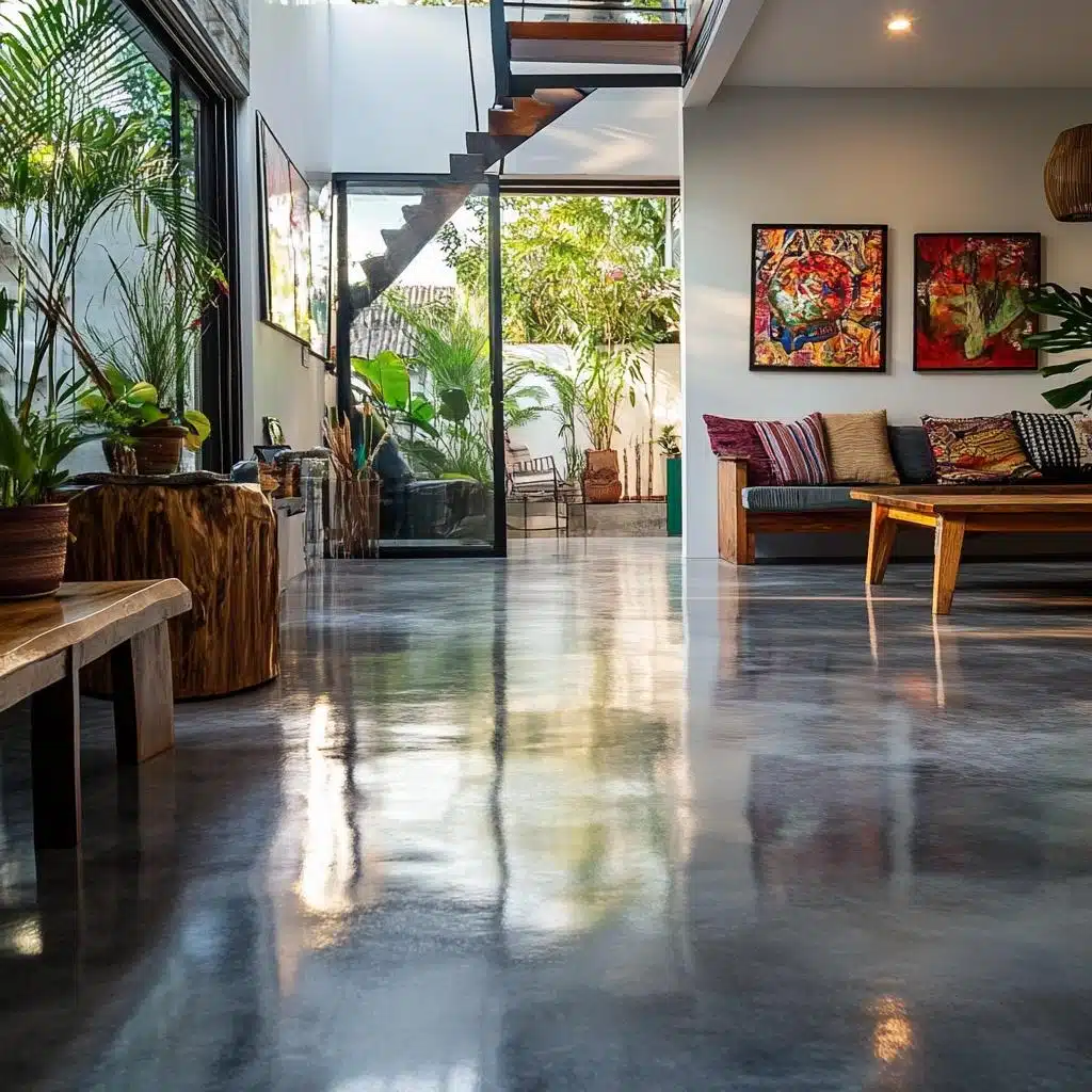 Piso de Cimento Queimado: Vantagens, Desvantagens e Como Fazer 1 Sala contemporânea com piso de cimento queimado cinza e acabamento contínuo