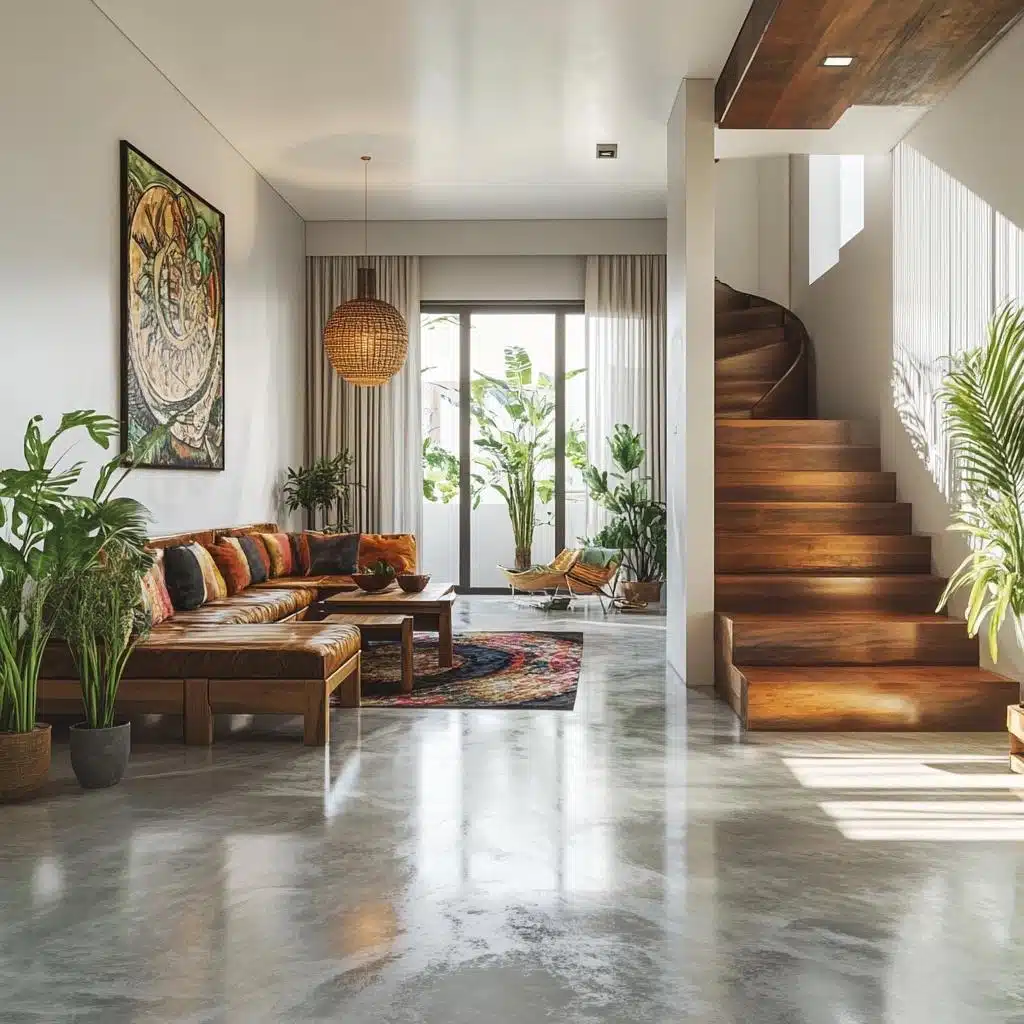 Piso de Cimento Queimado: Vantagens, Desvantagens e Como Fazer 7 Sala residencial com piso de cimento queimado combinado com madeira e vegetação