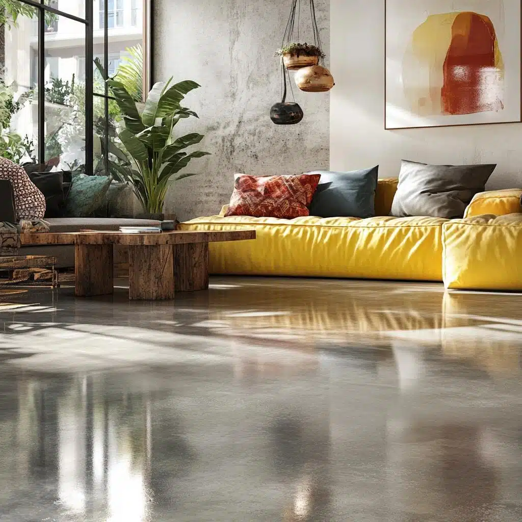 Piso de Cimento Queimado: Vantagens, Desvantagens e Como Fazer 8 Sala com piso de cimento queimado, sofá amarelo, madeira e elementos naturais