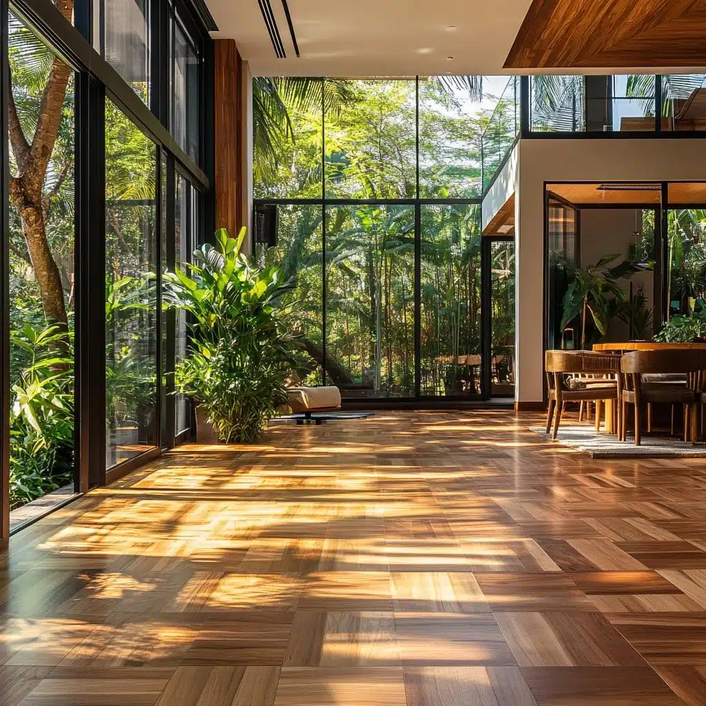 Piso de taco de madeira em ambiente contemporâneo Sala ampla com piso de taco de madeira e grandes janelas