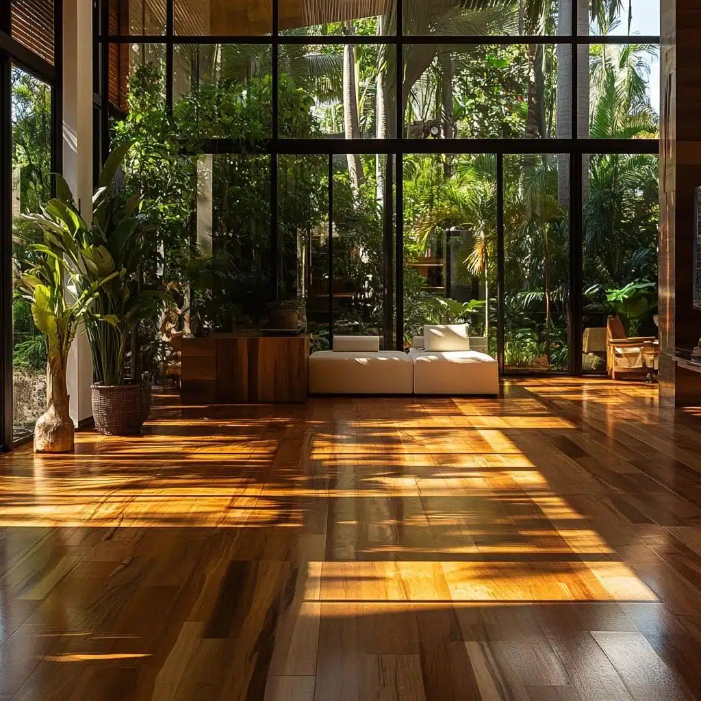 Piso de taco em decoração contemporânea Sala contemporânea com grandes janelas e piso de taco de madeira