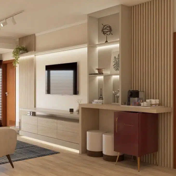 10 Modelos de Prateleira para Sala que Trazem Conforto e Beleza 9 Essa é uma opção muito popular e versátil na decoração. A prateleira pode ser utilizada para diversos fins, desde armazenar livros até exibir objetos decorativos.