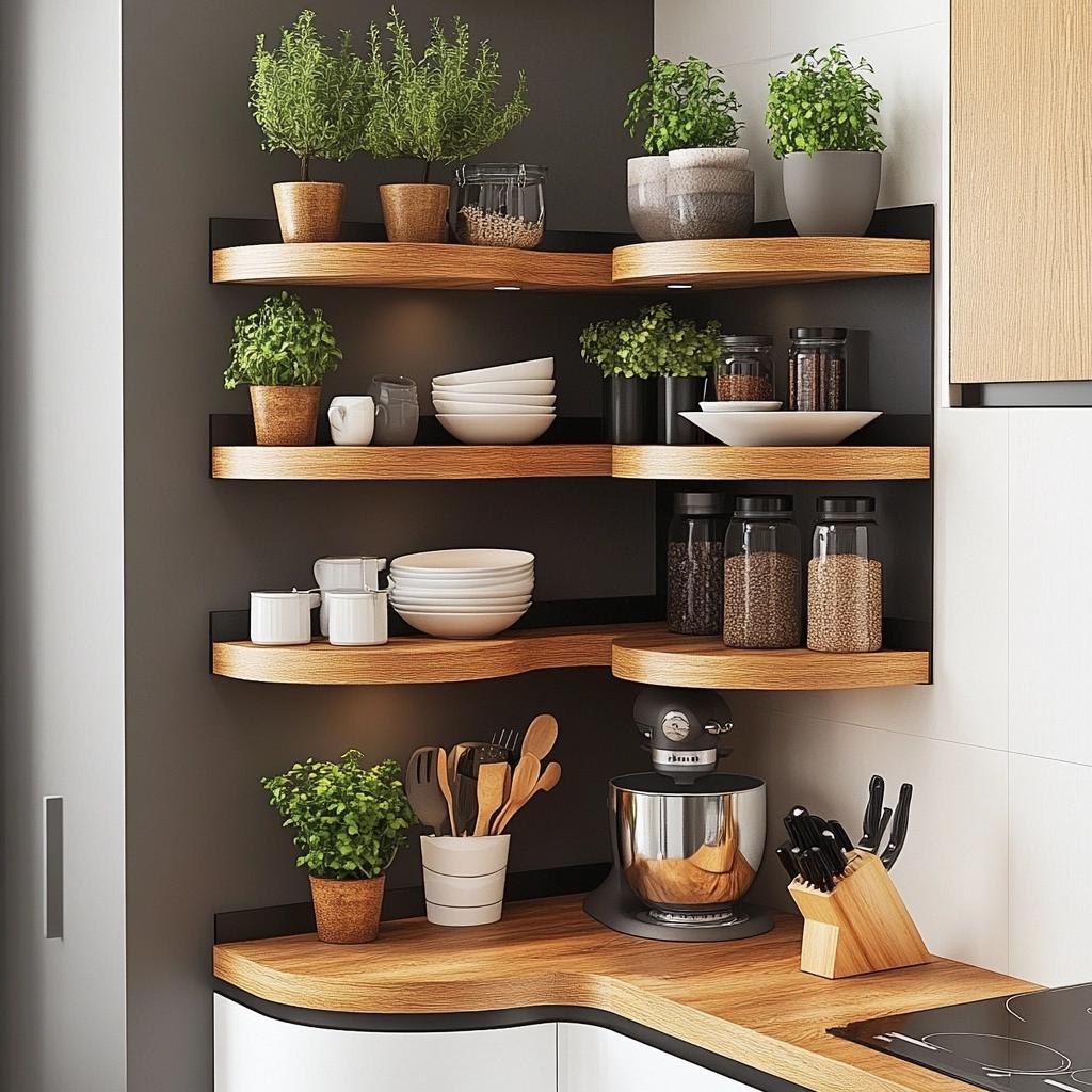 Prateleiras de Canto na Cozinha: 7 Ideias para Aproveitar Espaços 3 Prateleiras de Canto na Cozinha: 7 Ideias para Aproveitar Espaços