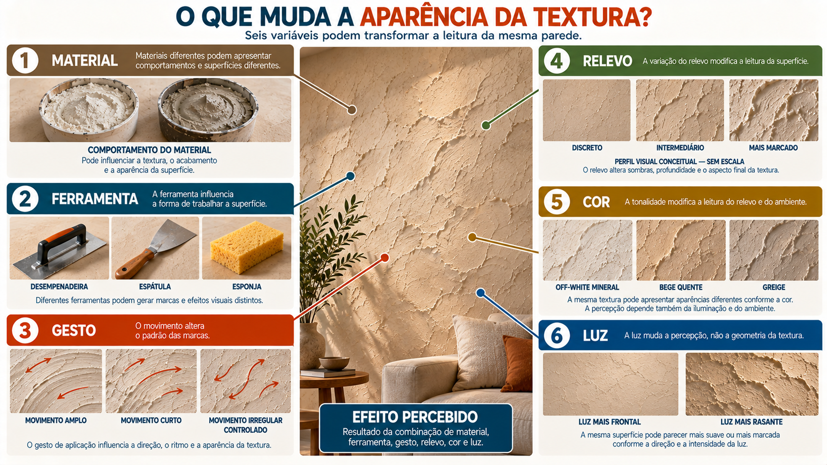 Infográfico mostrando como material, ferramenta, gesto, relevo, cor e iluminação influenciam a aparência de uma parede texturizada