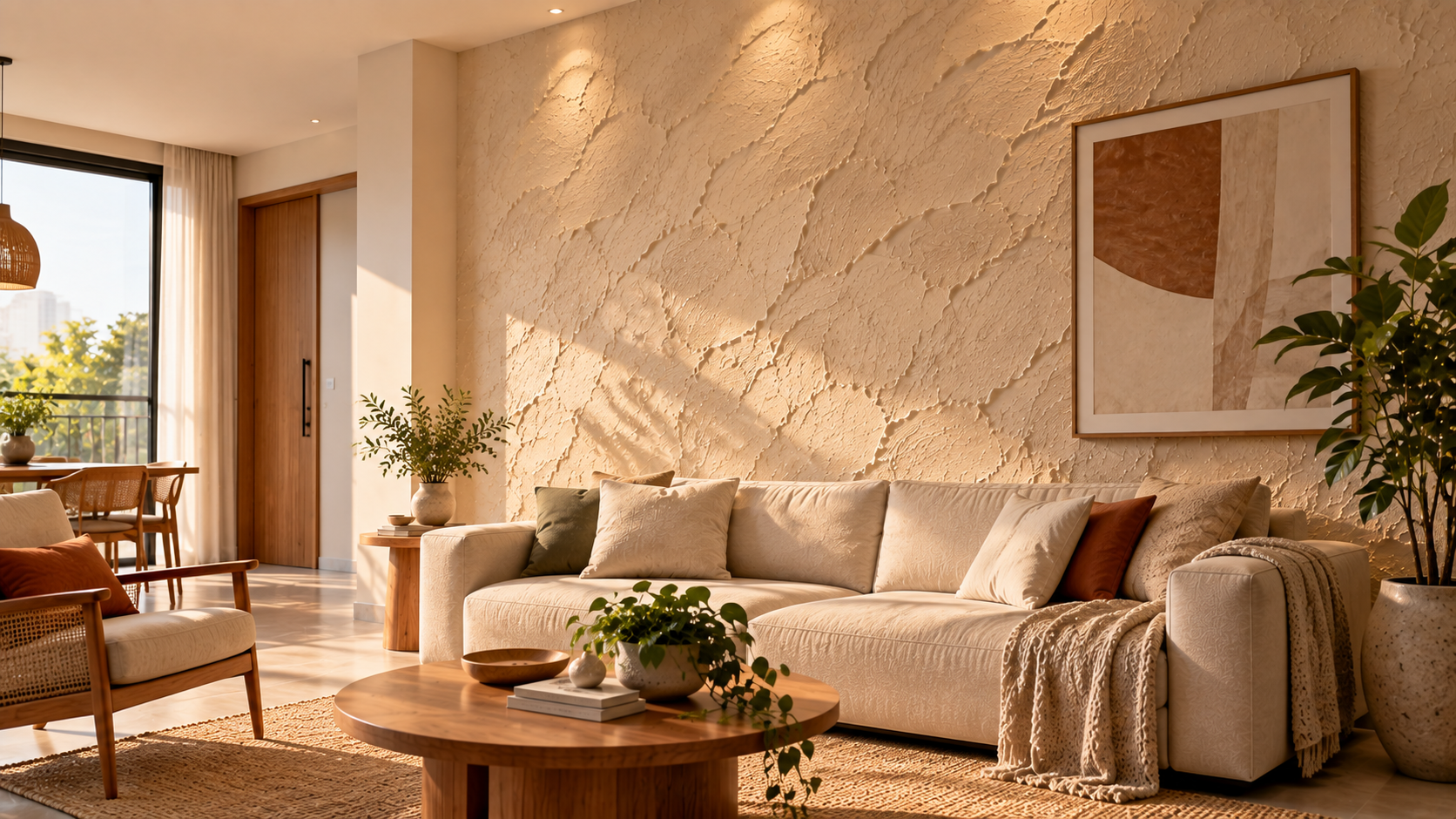 Sala brasileira contemporânea com parede de destaque em acabamento mineral texturizado integrada ao mobiliário e à iluminação