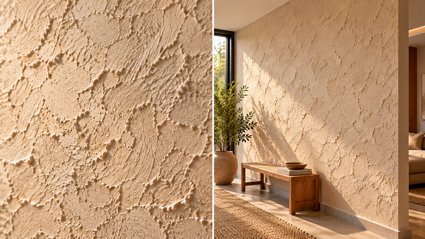 Comparação da mesma parede com textura mineral fragmentada observada de perto e à distância em ambiente residencial