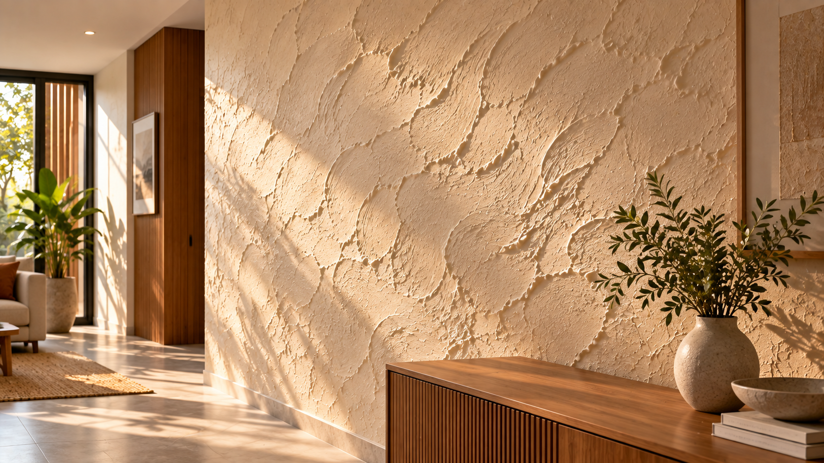 Parede residencial com textura mineral de relevo mais marcado iluminada lateralmente por luz rasante