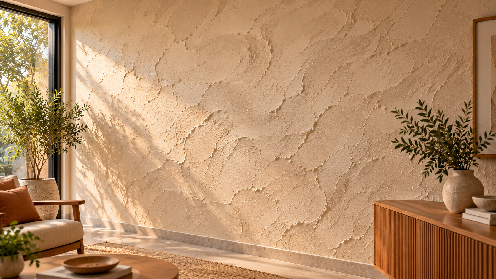 Parede com textura mineral orgânica formada por movimentos amplos e irregulares em ambiente residencial brasileiro