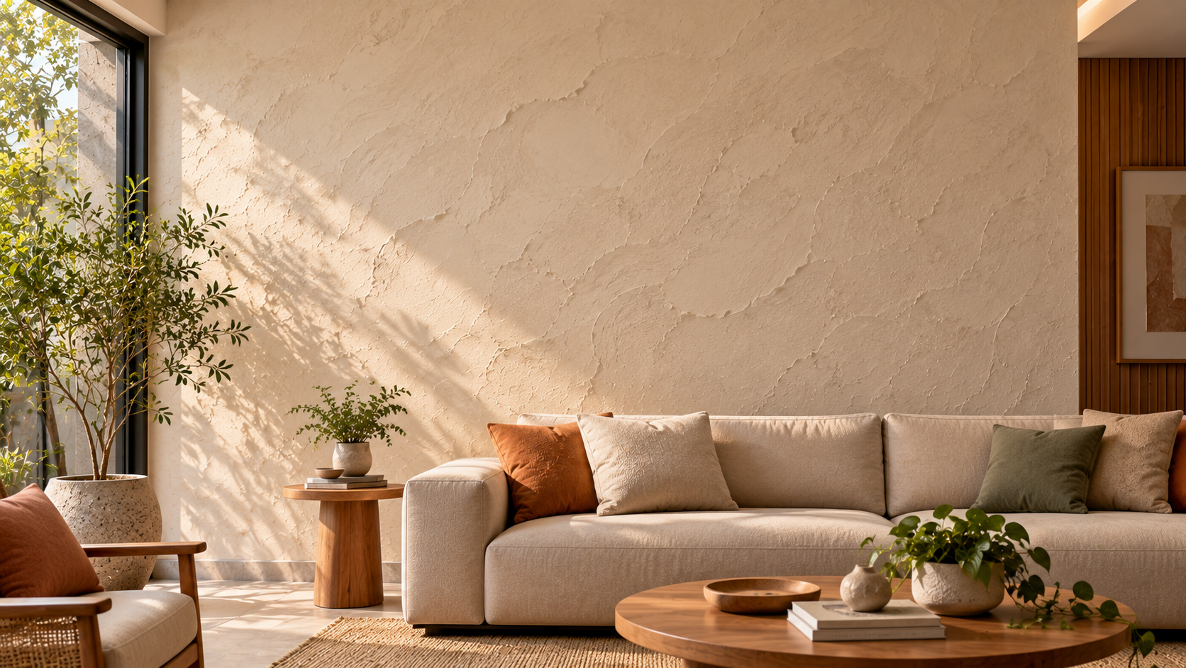 Sala brasileira contemporânea com parede de textura mineral suave associada ao efeito de reboco grego