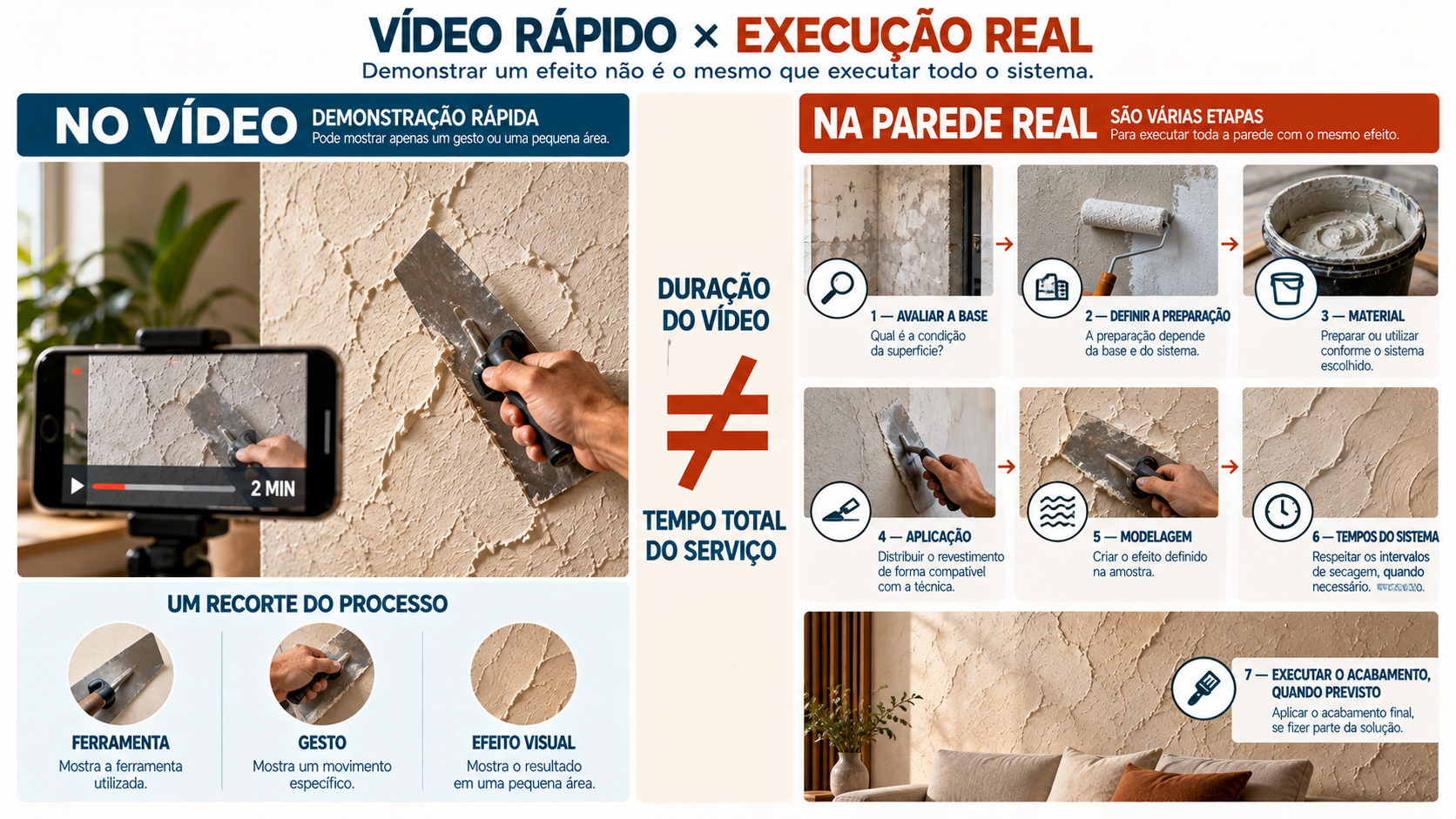 Infográfico comparando uma demonstração rápida em vídeo com as diferentes etapas envolvidas na execução real de uma parede texturizada