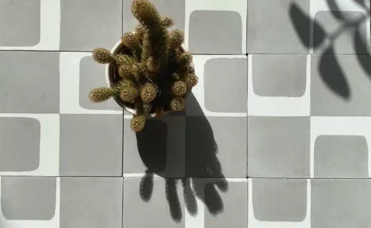 26 Ideias de Revestimento Cinza para Ambientes Modernos 10 Ladrilho hidráulico em ambiente moderno.