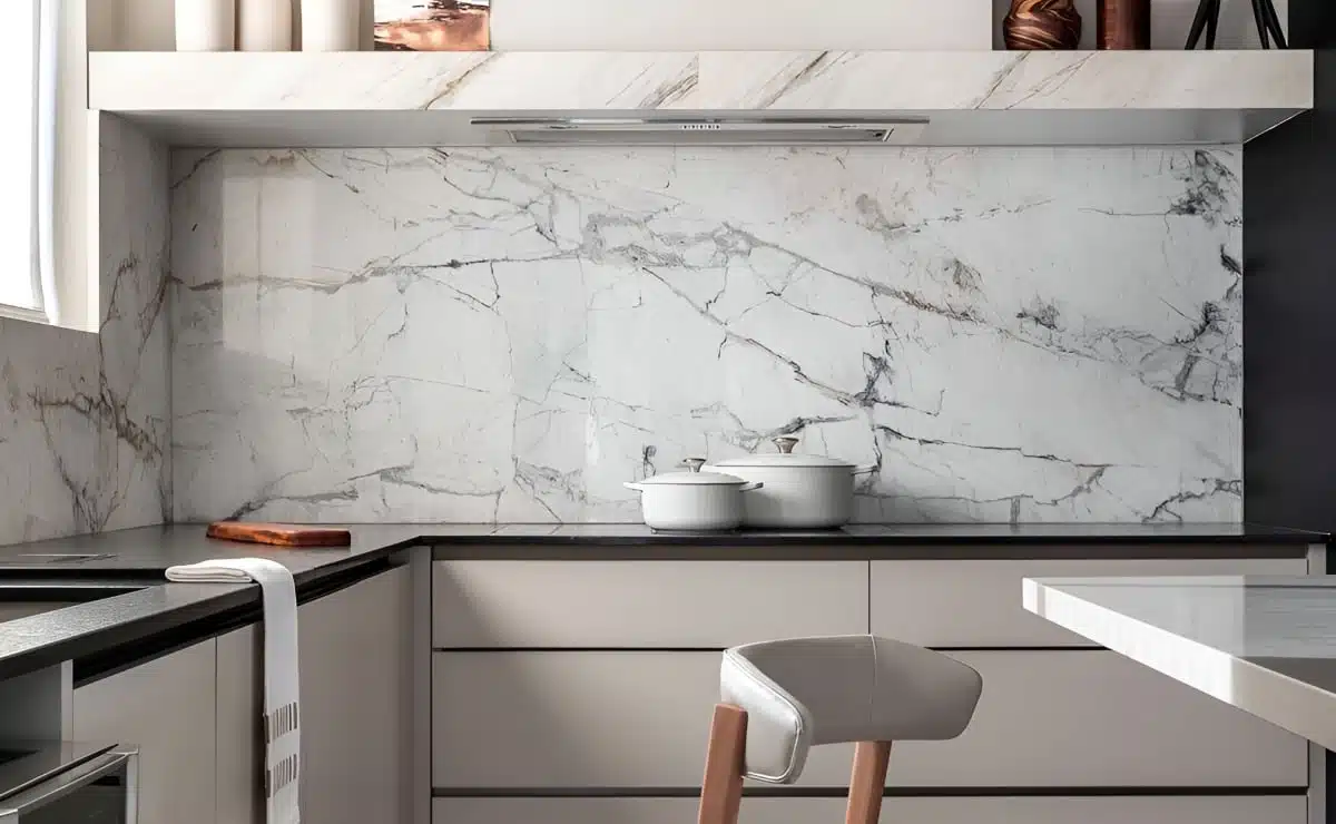 Cozinha com superfície branca de veios marcantes Cozinha contemporânea com grande superfície branca de veios cinzentos no backsplash