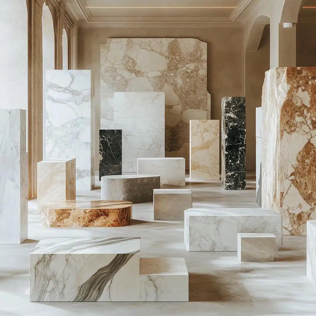 Amostras de pedras naturais para comparação Exposição com diversas pedras naturais claras, escuras e terrosas em diferentes formatos