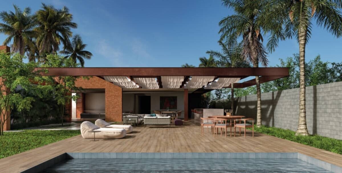 Azulejo para piscina: o melhor revestimento a escolher 3 Área de lazer externa ensolarada.
