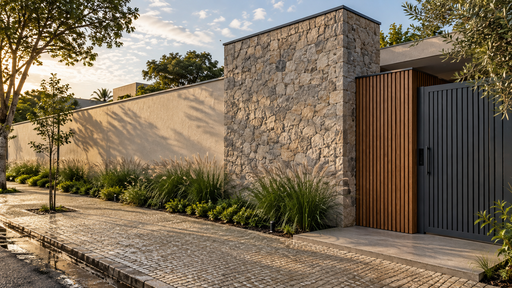 Muro externo contemporâneo combinando pedra, acabamento mineral e painel amadeirado junto ao paisagismo
