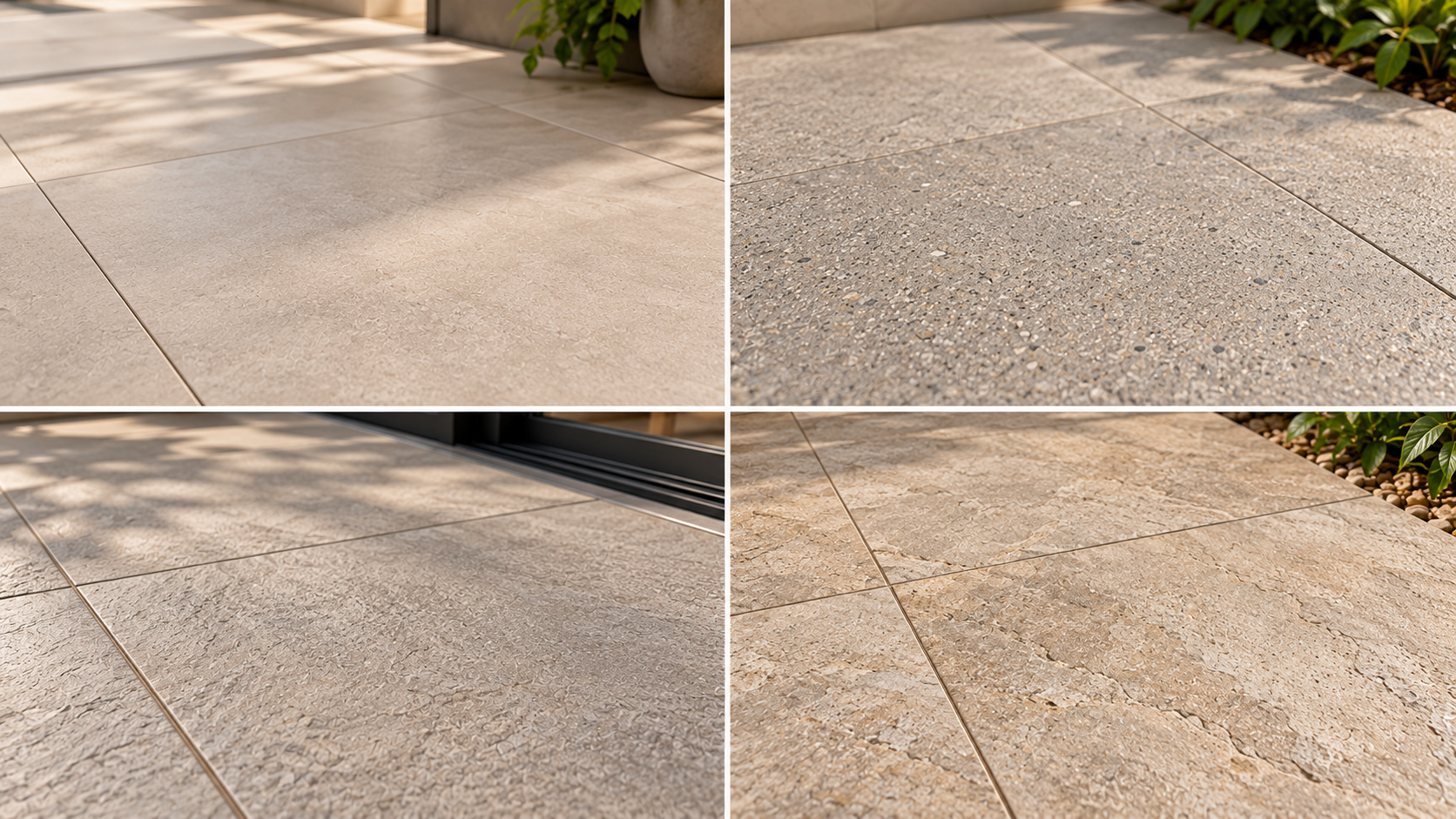 Piso para Área Externa: Como Escolher para Quintal, Piscina e Varanda 2 Comparação visual de diferentes acabamentos de superfícies para pisos