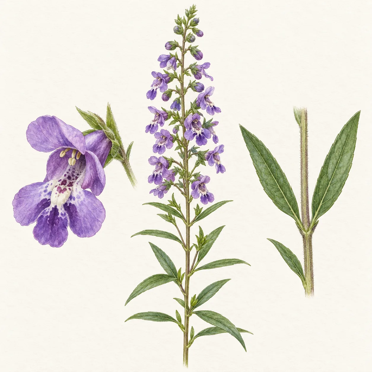 Angelônia: a flor delicada que gosta de sol e colore o jardim 3 Ilustração botânica da angelônia com haste de flores violetas, folhas estreitas e detalhe ampliado da flor.