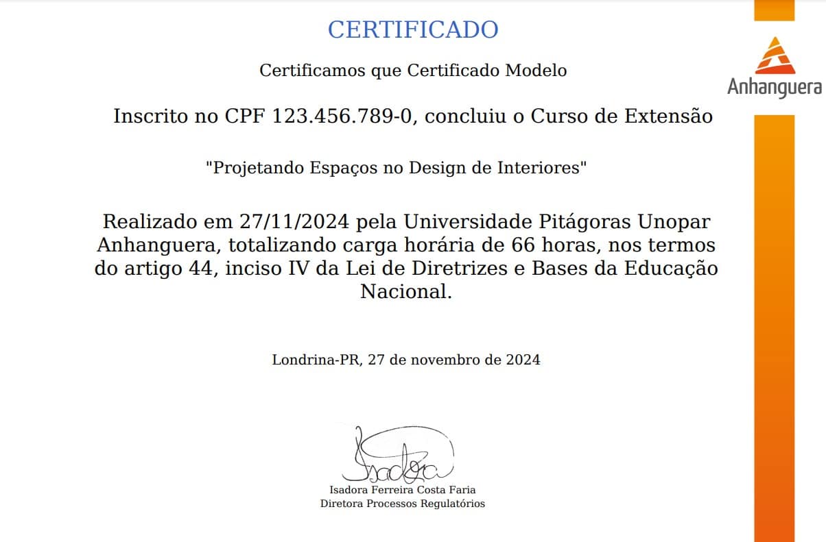 Parceria A Arquiteta e Anhanguera: Cursos de extensão online Chancelados pelo MEC para Transformar Sua Carreira! 2 Certificado Ananhanguera costas projetando espaços no Design de interiores