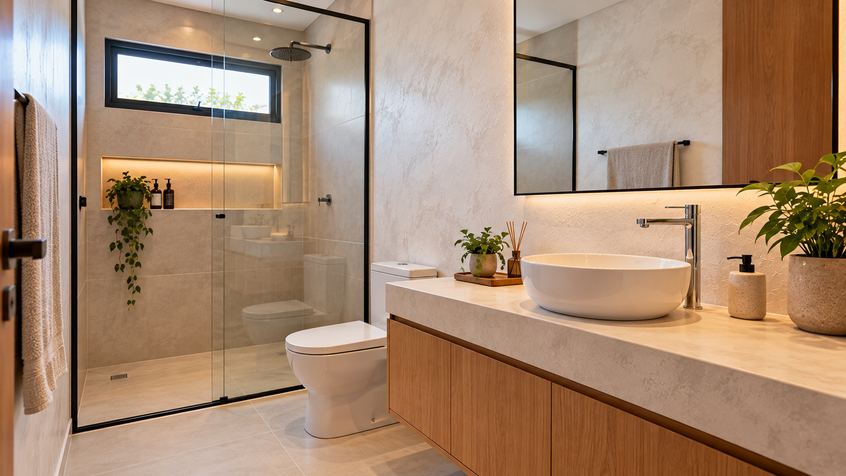Cimento queimado branco: ideias para paredes, pisos e decoração 7 Banheiro contemporâneo com parede de efeito cimento queimado branco na bancada e porcelanato claro na área do boxe.