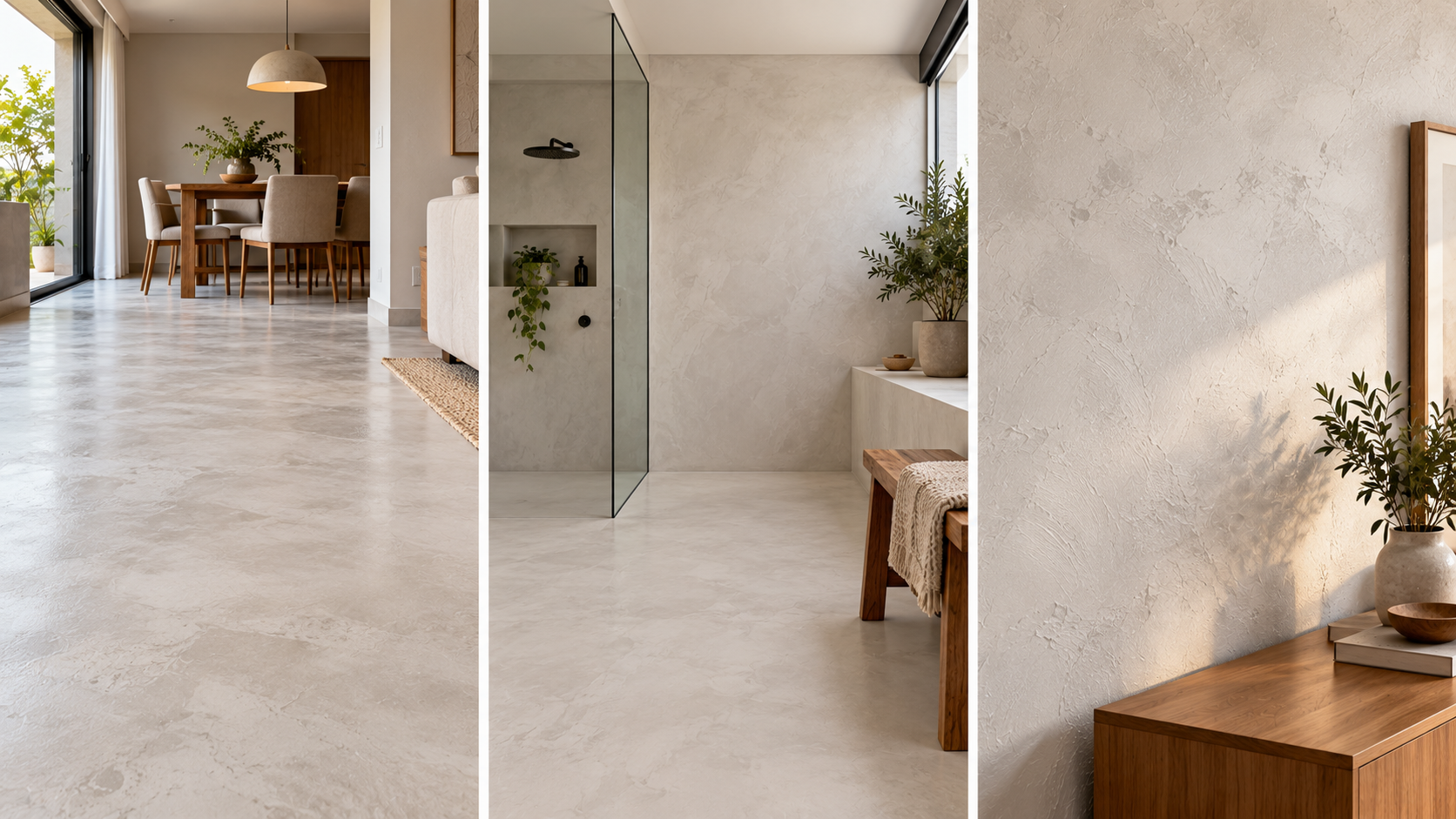 Cimento queimado branco: ideias para paredes, pisos e decoração 2 Comparativo entre piso de cimento queimado branco tradicional, revestimento de microcimento e parede com efeito decorativo de cimento queimado.
