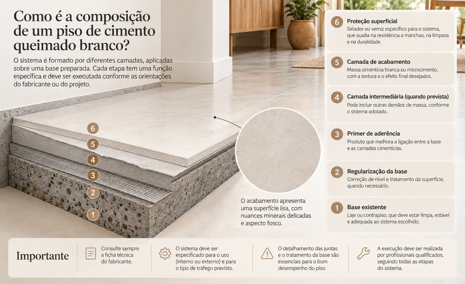 Cimento queimado branco: ideias para paredes, pisos e decoração 12 Infográfico técnico com corte em perspectiva mostrando camadas ilustrativas de um piso de cimento queimado branco sobre base preparada.