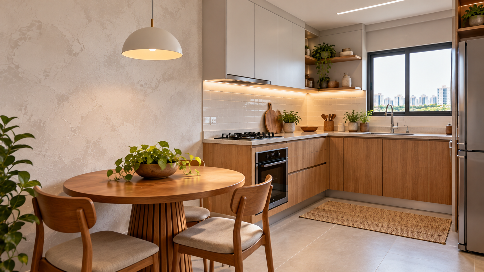 Cimento queimado branco: ideias para paredes, pisos e decoração 6 Cozinha planejada compacta com parede de efeito cimento queimado branco, armários de madeira e bancada clara.