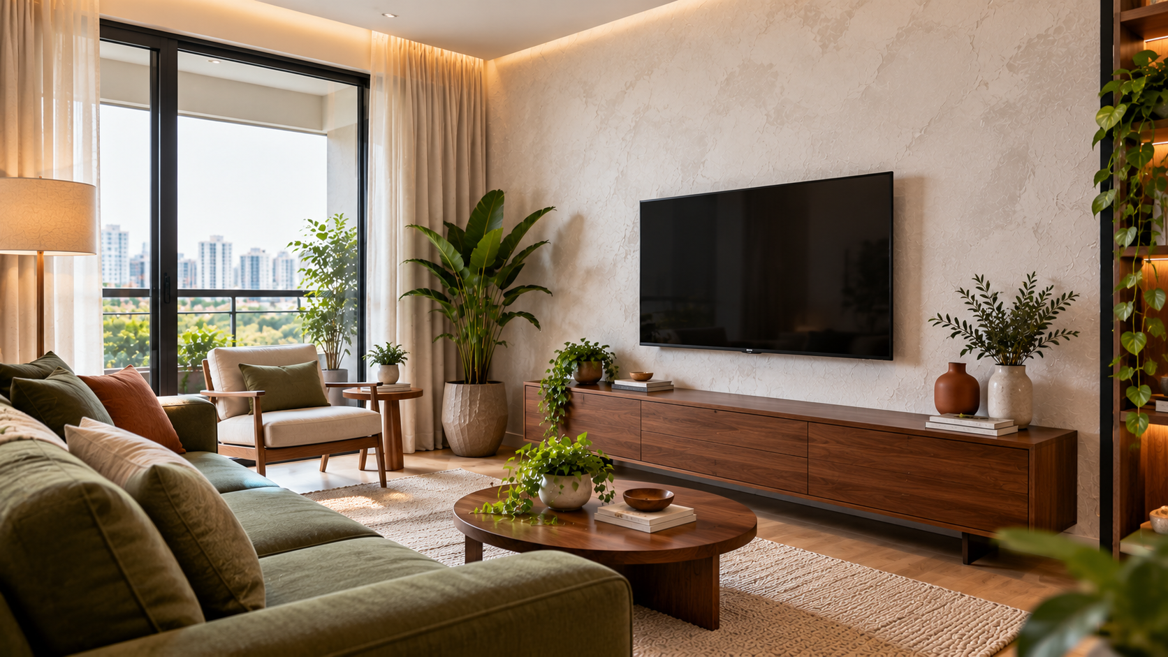 Cimento queimado branco: ideias para paredes, pisos e decoração 3 Sala de estar com parede de cimento queimado branco na área da TV, sofá verde-oliva e rack de madeira nogueira.