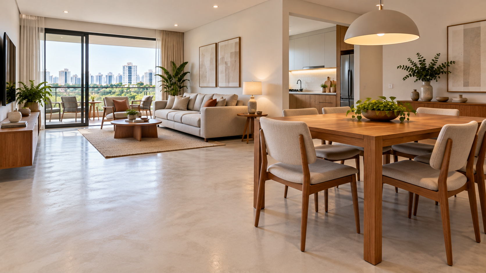 Cimento queimado branco: ideias para paredes, pisos e decoração 4 Sala de estar e jantar integradas com piso de cimento queimado branco, sofá claro, mesa de madeira e iluminação natural.