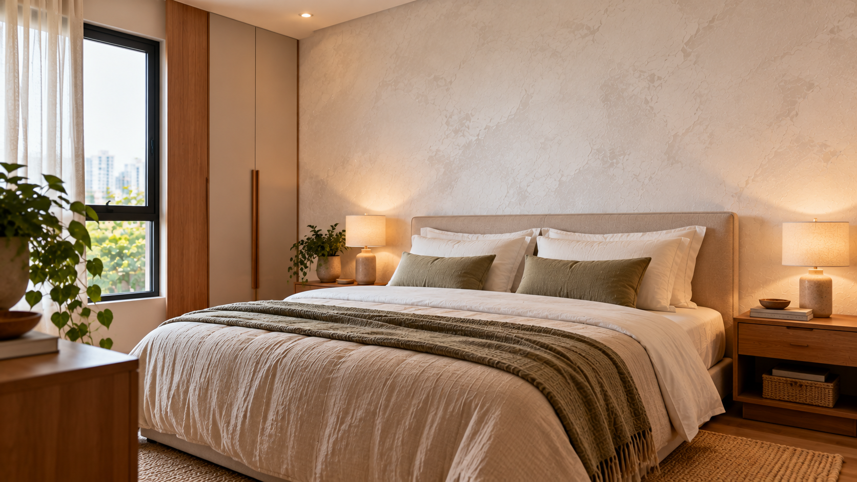Cimento queimado branco: ideias para paredes, pisos e decoração 5 Quarto de casal contemporâneo com parede de cimento queimado branco atrás da cama, cabeceira bege e móveis de madeira natural.