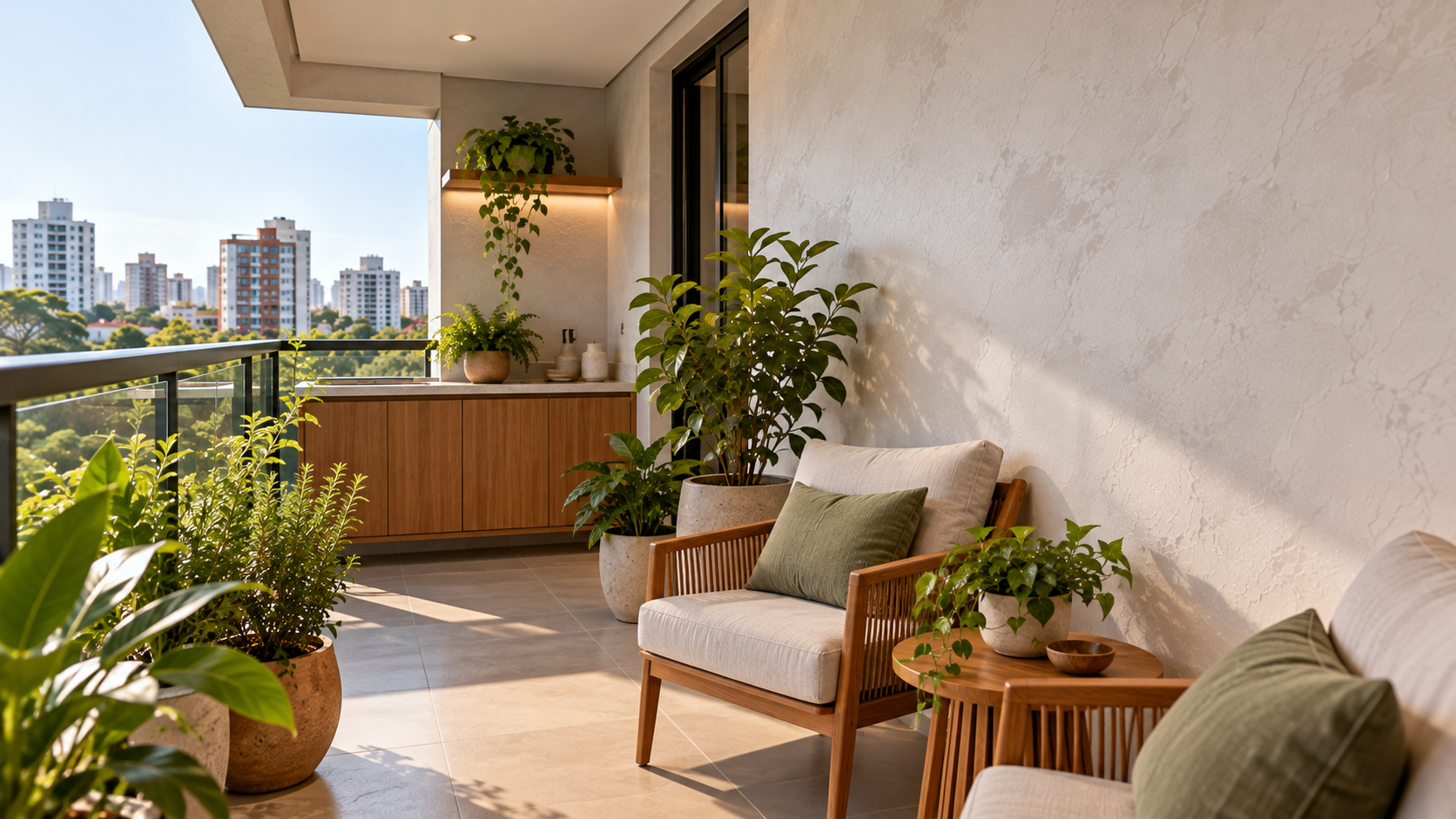 Cimento queimado branco: ideias para paredes, pisos e decoração 9 Varanda coberta de apartamento com parede de cimento queimado branco, banco de madeira, vasos de plantas e piso claro.