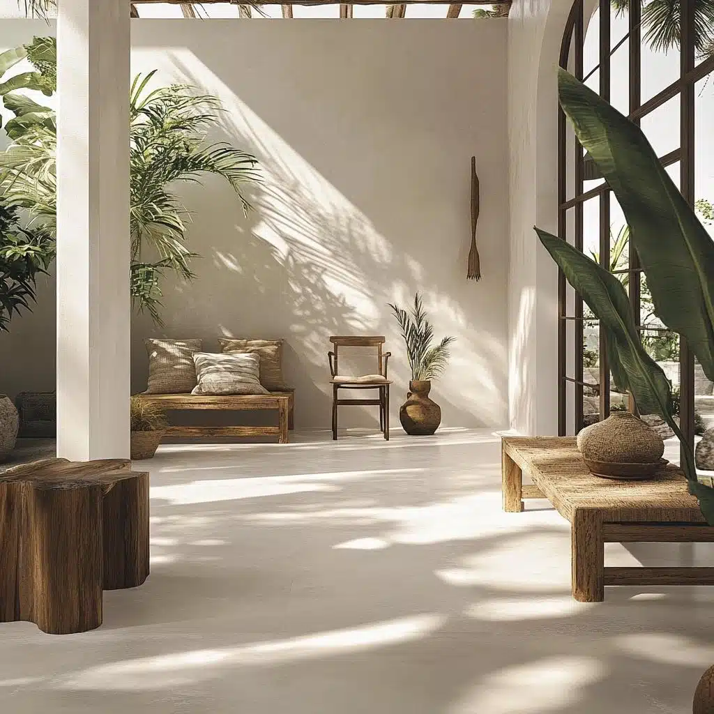 Cimento queimado branco: ideias para paredes, pisos e decoração 10 Ambiente de passagem com paredes claras de aparência cimentícia, bancos de madeira e plantas