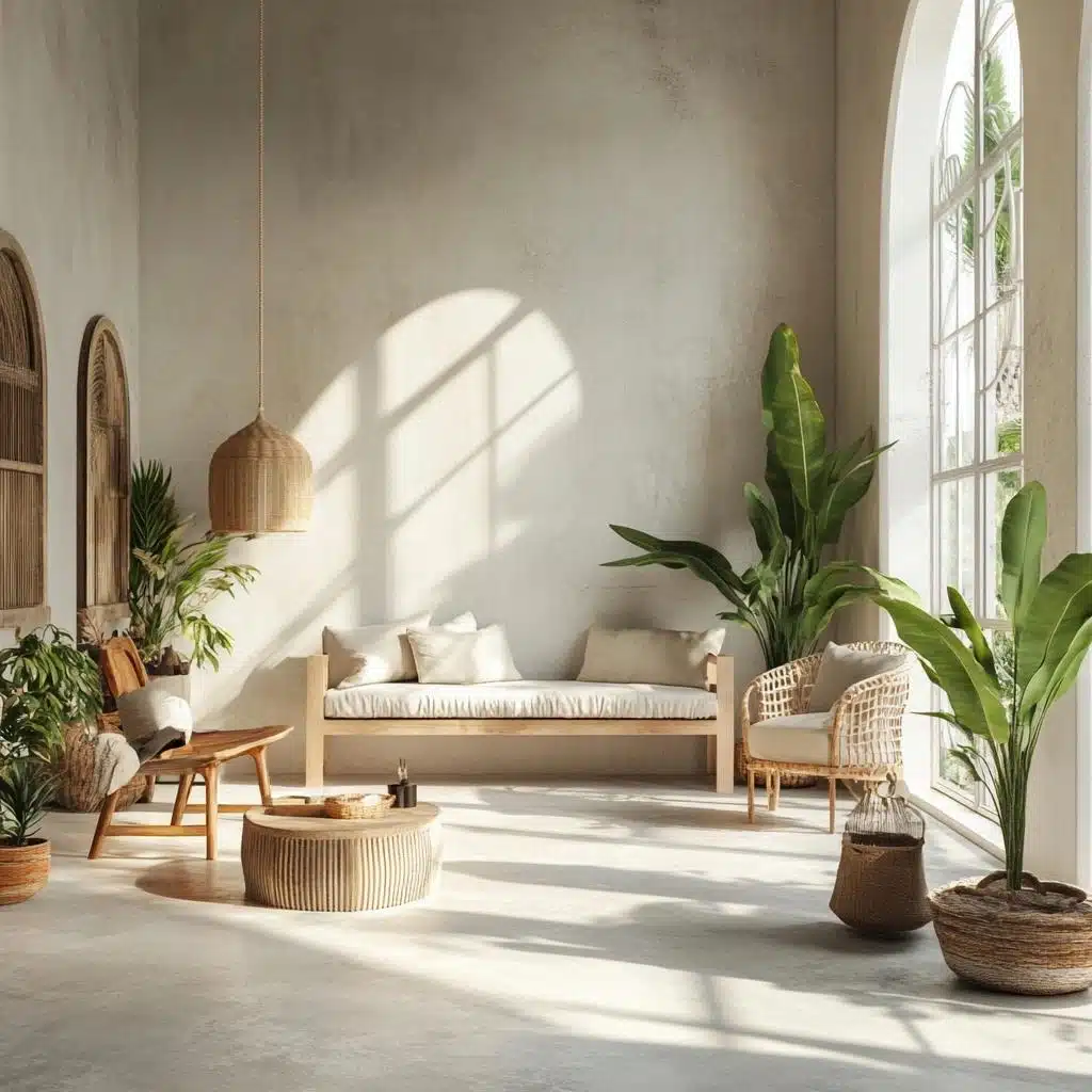 Cimento queimado branco: ideias para paredes, pisos e decoração 14 Sala iluminada com superfícies claras de aparência cimentícia, sofá de madeira e plantas ornamentais