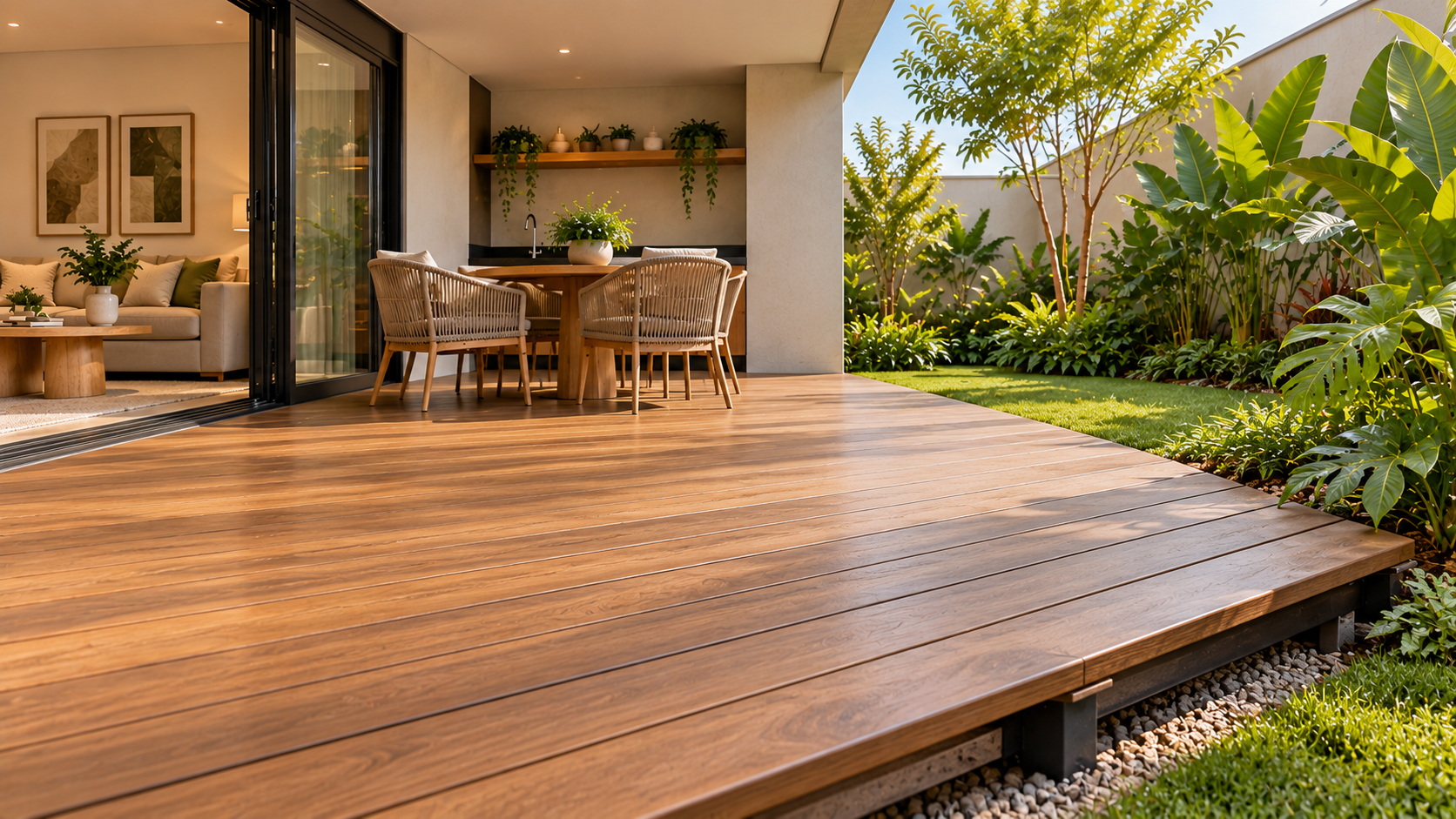 Piso para Área Externa: Como Escolher para Quintal, Piscina e Varanda 5 Deck de madeira em área externa residencial com jardim e varanda coberta