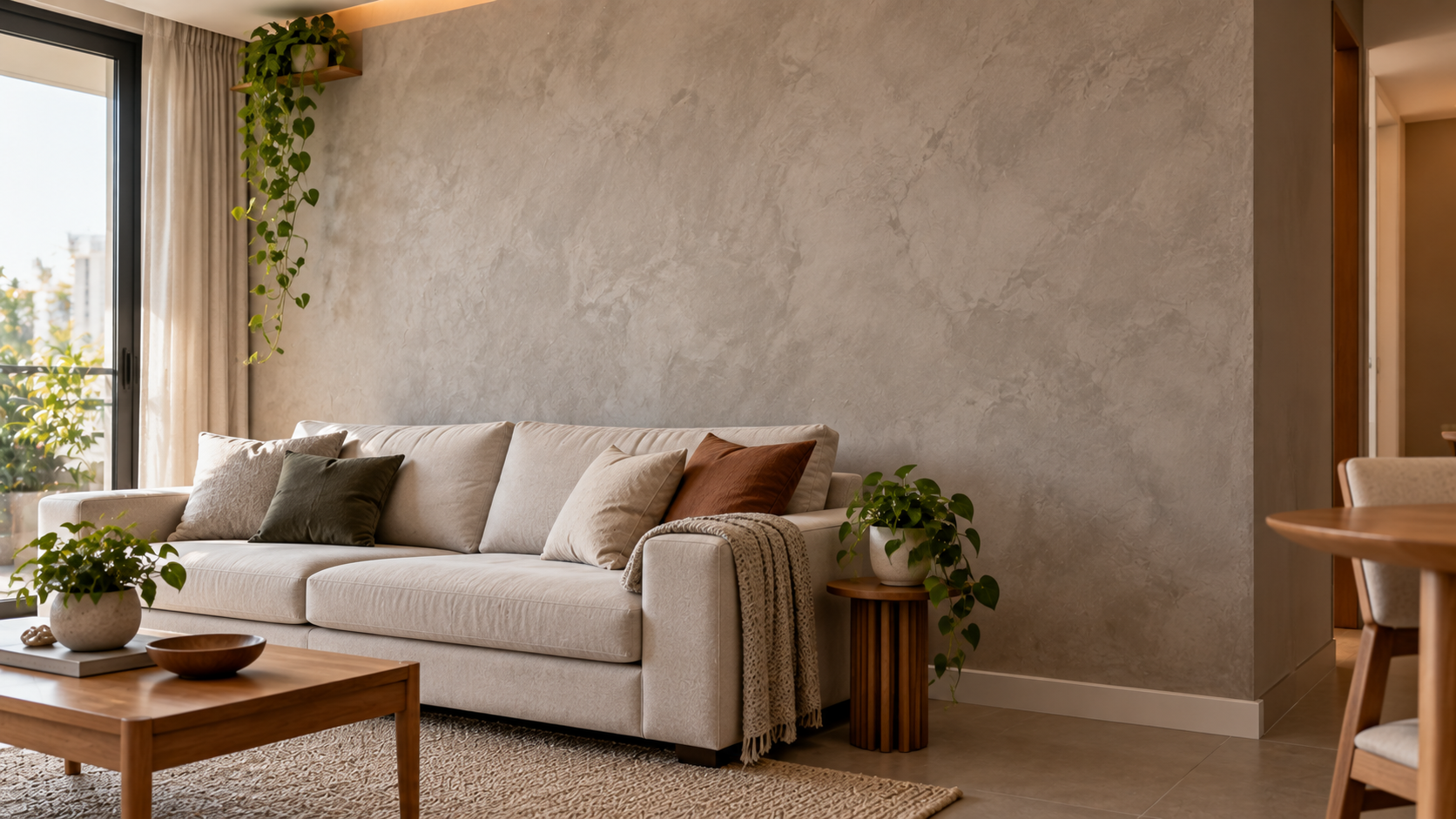 Textura de parede: tipos, efeitos e como escolher a melhor para cada ambiente 6 Parede com acabamento de efeito cimento queimado em sala