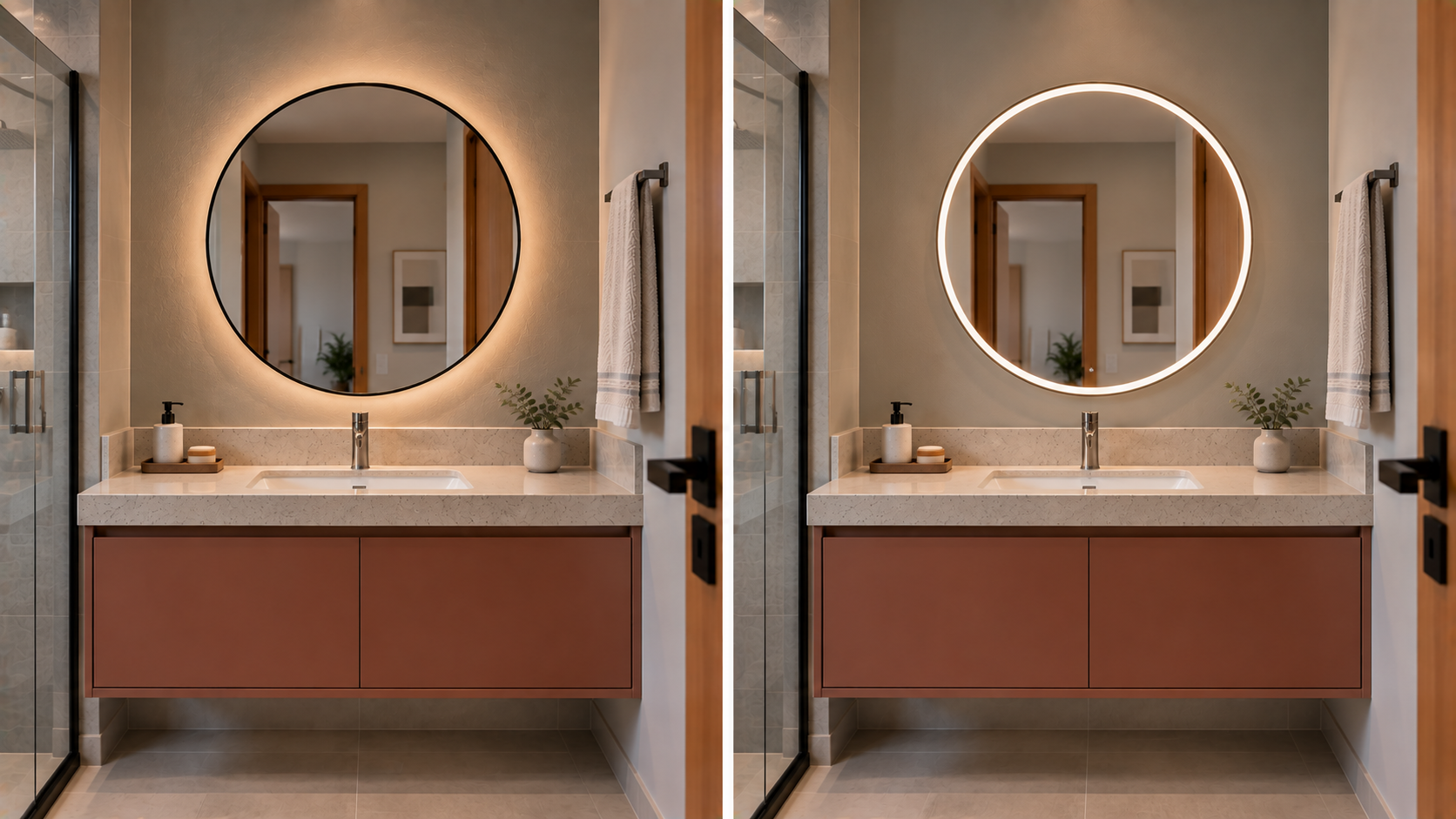 Espelho redondo para banheiro: como escolher tamanho, altura e modelo 16 Comparação entre espelho redondo com LED decorativo traseiro e iluminação frontal